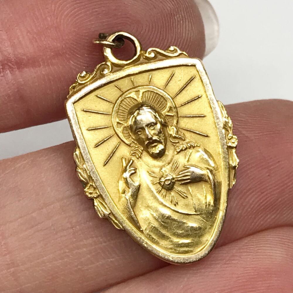 Vintage 12K Gold Filled Rolled Sacred Heart Of Jesus And Our Lady of Mt. Carmel